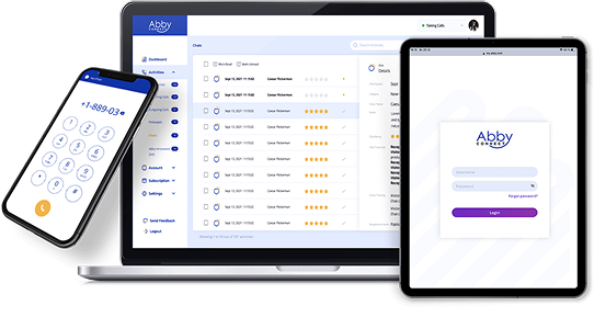 A smartphone, laptop, and tablet display different user interfaces for Abby Connect, ideal for solo entrepreneur answering needs—from the dialer and dashboard with chat list to the login screen.