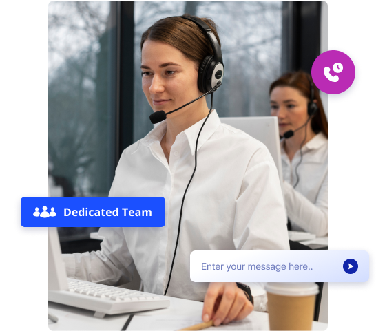 Two women wearing headsets work at computers in a modern office, supporting solo entrepreneurs answering calls. Overlay graphics show a Dedicated Team label, a phone icon, and a chat box with Enter your message here.