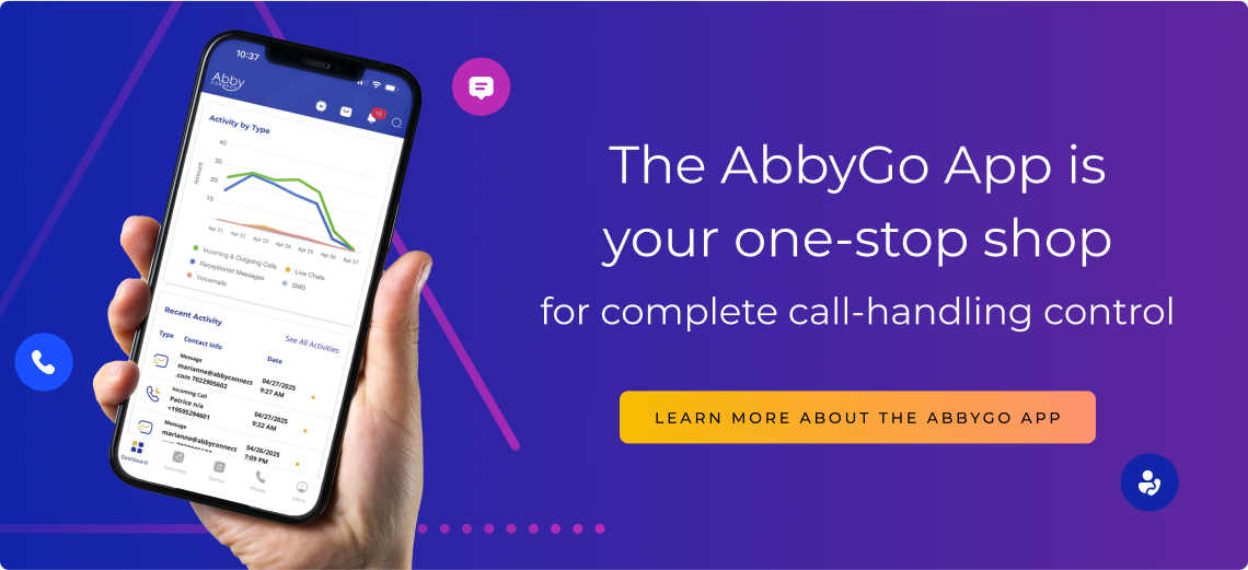 Person holding a smartphone displaying the AbbyGo App dashboard powered by Abby Intelligence. Text reads, The AbbyGo App is your one-stop shop for complete call-handling control. Button says, Learn more about the AbbyGo App. Purple and blue gradient background.