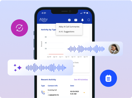 A smartphone displays the Abby Intelligence call management app with activity charts, recent call info, voice message waveforms, and app icons. A user profile photo and various blue and purple UI elements appear on a gradient background.