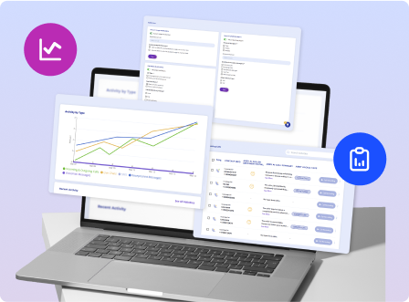 A laptop displays various analytics dashboards with charts, graphs, and lists. Colorful icons of a graph and clipboard float nearby, showcasing Abby Intelligence against a soft gradient background.